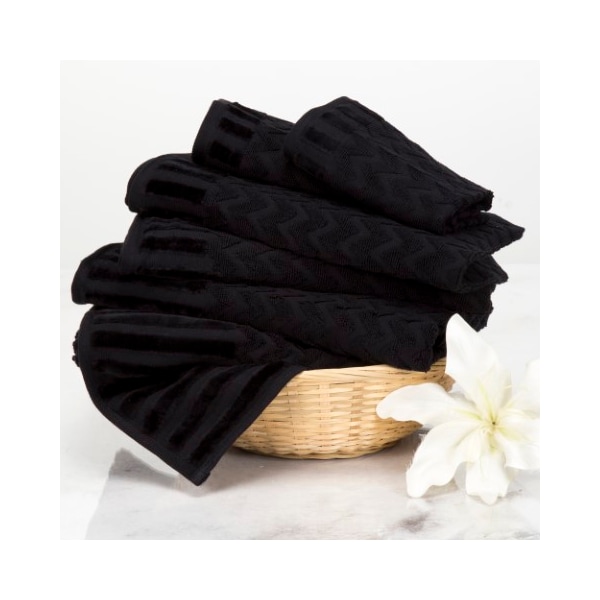Hastings Home 6-Piece Cotton Deluxe Plush Bath Towel Set, Chevron Pattern Spa Luxury Decorative Towels (Black) 421314VTX - main